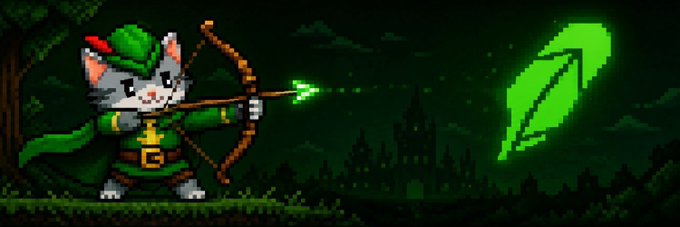 A pixel-art cat dressed as Robin Hood draws a bow, aiming a green arrow that takes the shape of the Robinhood feather logo against a dark castle backdrop, visually tying the $ROBINCAT meme to the Robinhood brand.