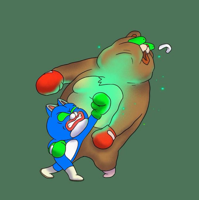 A cartoon cat in blue superhero attire delivers a powerful punch to a large brown bear, with green energy glowing at the point of impact, symbolizing the "little guy" taking on a big opponent. The image visualizes the post's message about not underestimating smaller players, with a suggestion to follow for a $SOL trading code.
