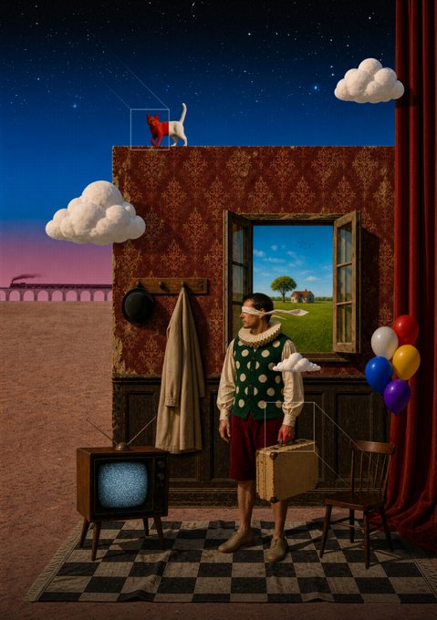 A surreal digital art collage featuring a blindfolded figure in vintage clothing holding a suitcase, standing on a checkered floor with an old TV, a coat rack, an open window showing a countryside, balloons, clouds, and a cat on a rooftop under a starry sky.