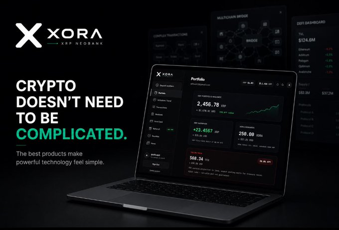 Marketing image for 'XORA' (XRP NEOBANK) displaying the text 'CRYPTO DOESN'T NEED TO BE COMPLICATED' alongside a laptop showing the platform's dashboard interface with portfolio metrics and blockchain visuals.