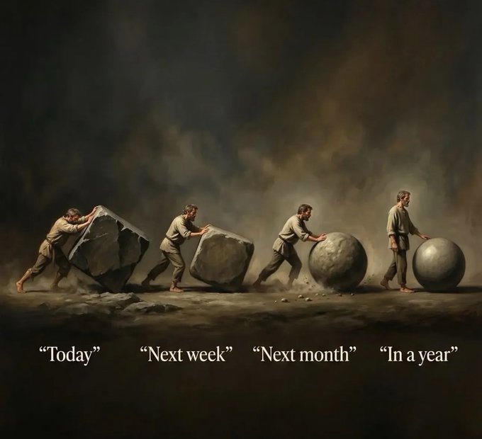 The image depicts a Sisyphus-like figure shown in four stages—labeled "Today," "Next week," "Next month," and "In a year"—pushing an increasingly smooth and manageable boulder, illustrating how consistent effort transforms a difficult task into an effortless habit over time. This visual metaphor reinforces the post's message that "Consistency is key," showing how repeated dedication gradually makes hard work easier.