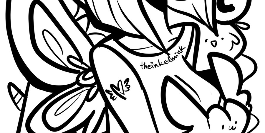 A black and white stylized illustration featuring an anime-style character with spiky hair, credited to 'theinkedmark' with a small signature.
