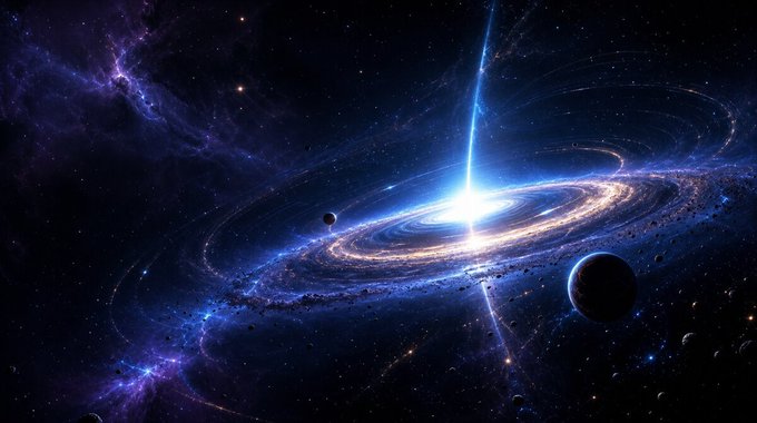 A vibrant cosmic scene depicts a swirling galaxy with a brilliant blue jet of energy erupting from its center, surrounded by planets and star fields. The image symbolizes the hidden, unregulated "black market" of dark, dangerous activities lurking in the vast, unknown expanse of space—mirroring the illicit sharing of malicious IDLs that operated outside public oversight.