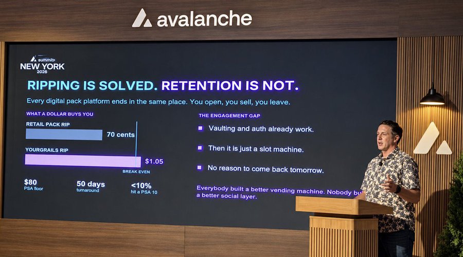 A man presenting at a summit in New York 2026 stands beside a large Avalanche-branded screen with the headline 'RIPPING IS SOLVED. RETENTION IS NOT.' discussing digital pack platforms and the engagement gap.