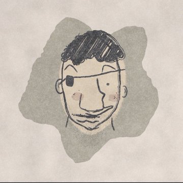 A crude sketch depicts a stylized face with an eyepatch and curly hair, drawn in pen with light shading on a textured background.