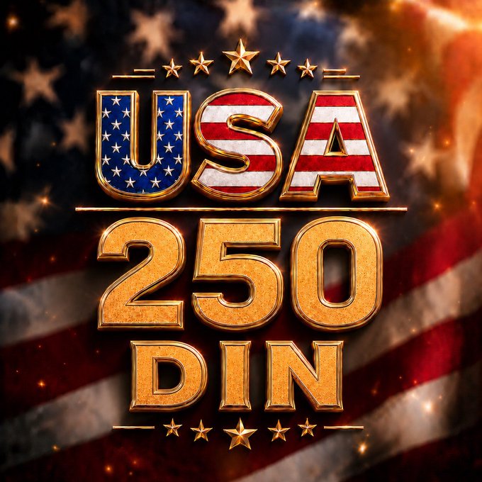 A bold golden 3D graphic reading 'USA 250 DIN' with the letters 'USA' filled with the American flag pattern, set against a backdrop of the US flag with floating stars.