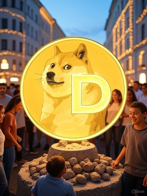 A glowing golden Dogecoin (DOGE) sculpture stands as the centerpiece of an evening street gathering, with people gathered around its stone base. The large "D" and iconic Shiba Inu dog featured on the coin reinforce the post's call to "Retweet this post for Dogecoin."