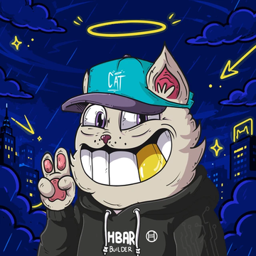 A cartoon cat with a gold tooth, halo, and 'CAT' cap wears an 'HBAR BUILDER' hoodie against a stylized night-city background.