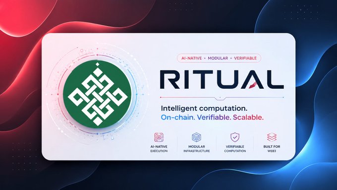 A promotional banner for 'RITUAL' featuring its logo and the tagline 'Intelligent computation. On-chain. Verifiable. Scalable.' with tags 'AI-NATIVE', 'MODULAR', 'VERIFIABLE' and four feature icons below.