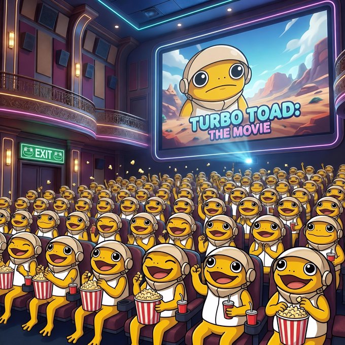 A packed movie theater full of cheering toads holding popcorn and drinks watches "TURBO TOAD: THE MOVIE" projected on the large screen. The scene relates to the post by visually reimagining the $TURBO Toad token as the star of its own animated blockbuster premiere.
