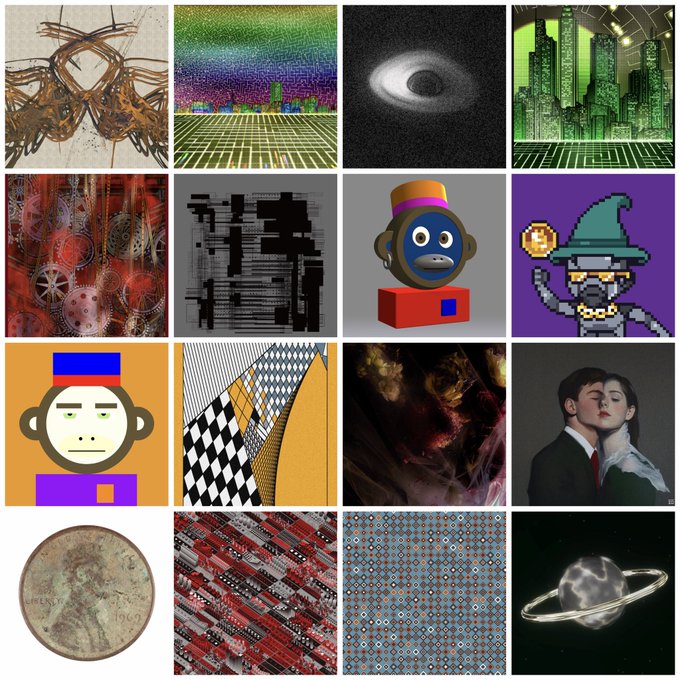 A grid of 16 diverse images, including abstract patterns, pixel art characters (one resembling a monkey wearing a hat), a wizard-like figure, a black hole, Saturn, and various textured designs, displayed in a 4x4 layout. The eclectic collection of generative artwork and visual styles fits the Bitcoin Ordinals community's celebration of digital art, complementing the cheerful Friday greeting.