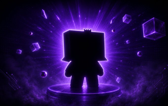 A silhouette of a Minecraft-style character backlit with purple light, standing on a platform amid floating cubes and particles.