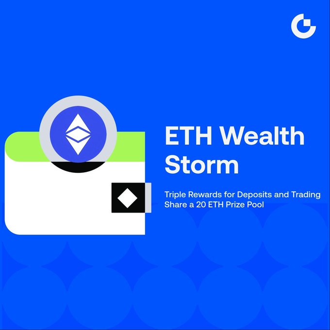 The image features a blue background with white text that reads "ETH Wealth Storm" at the top of the page. Below this title, there are two circles - one green circle containing an eth token and another black circle containing a white token. The green circle is positioned above the word "storm", while the black circle is below it. The image also includes a small logo in the bottom left corner that reads "share a 20 eth prize pool".