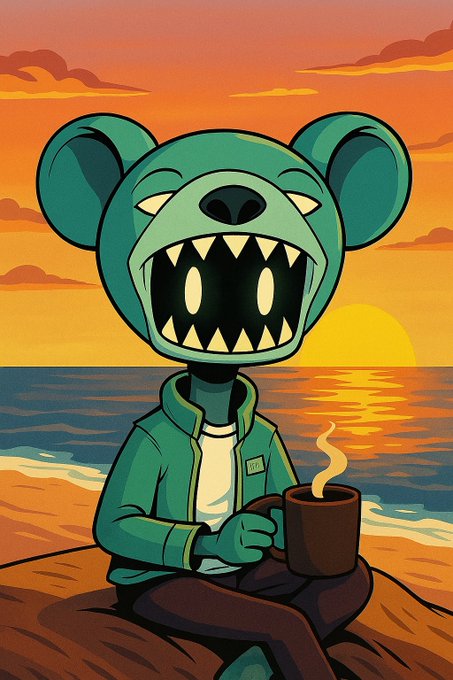 An illustration of a teal cartoon bear character with a wide, toothy grin sitting on a beach at sunset, holding a steaming brown mug.
