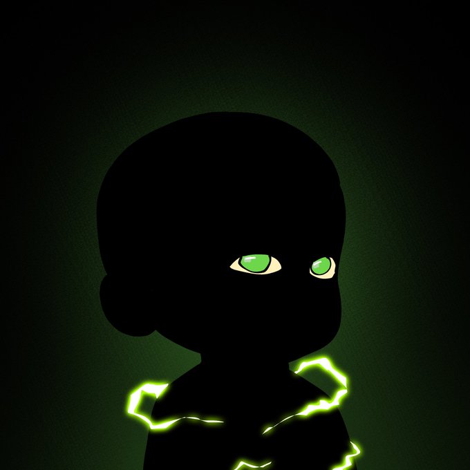 A dark silhouette of a chibi-style character with glowing green eyes and bright green lightning-like energy crackling around its body, set against a black background with a subtle green vignette, fitting the bold, electric aesthetic of a crypto NFT giveaway announcement.