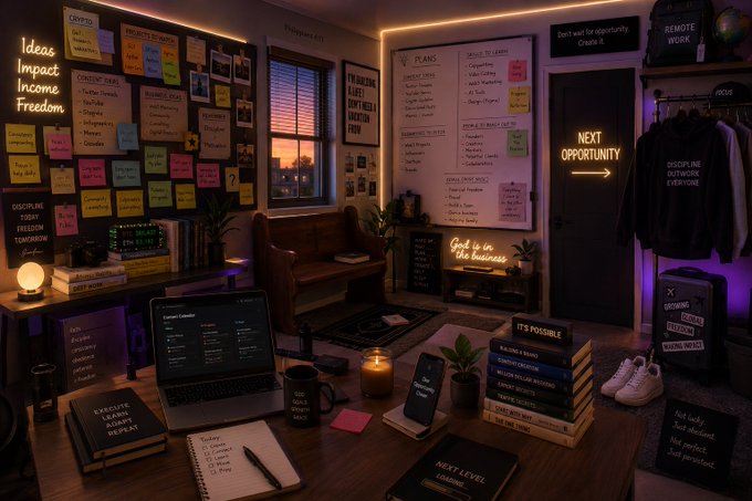 A cozy, neon-lit home office space adorned with motivational sticky notes reading "Ideas Impact Income Freedom" and "NEXT OPPORTUNITY," alongside whiteboards displaying business plans and inspirational quotes like "God is in the business" and "It's Possible," with a laptop open to a content calendar—creating a productive "GM CT" workspace setting for a great day ahead.