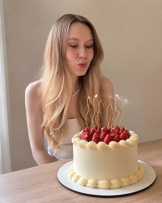 A blonde woman blows out sparkler candles on a strawberry-topped cake in front of her.