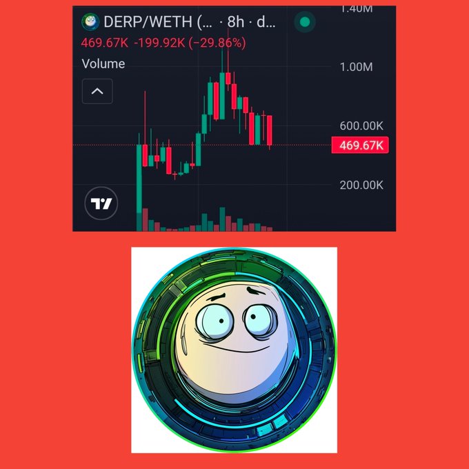 A red-themed graphic showing a price chart for 'DERP/WETH' down 29.86% to 469.67K, alongside a cartoon meme coin character with a nervous expression inside a green and blue circular frame.
