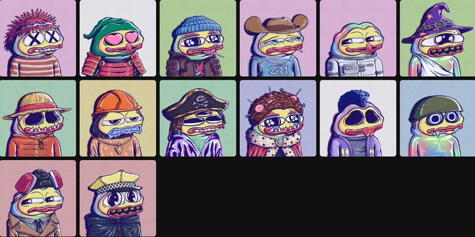 A grid of 14 colorful cartoon duck character portraits, each wearing different hats and outfits in various pop-culture and themed costumes.