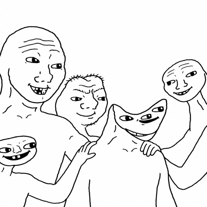 A crudely drawn black-and-white sketch shows a group of four cartoon figures with exaggerated, grinning, and slightly menacing expressions huddled together. The crude, almost crude meme-art style matches the joking, chaotic tone of the caption suggesting a shady group colluding together, humorously personifying the Pumpfun community as a band of mischievous characters "committing crime."