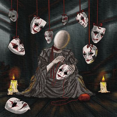 A dark, surreal illustration of a faceless figure in a tattered dress sitting among hanging theatrical masks, holding a mask while candles burn nearby.