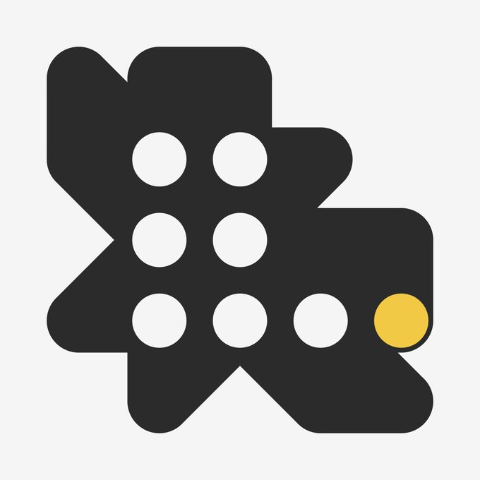 A black and yellow geometric logo featuring an irregular shape with white circular dots and one yellow dot.
