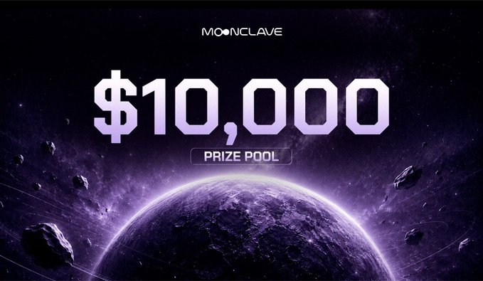 A promotional graphic for 'MOONCLAVE' displaying '$10,000 PRIZE POOL' in large text against a cosmic background featuring a planet and asteroids.