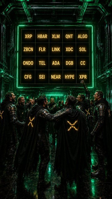 A group of armored figures stand before a glowing green ticker board displaying crypto symbols (XRP, HBAR, XLM, QNT, ALGO, ZBCN, FLR, LINK, XDC, SOL, ONDO, TEL, ADA, DGB, CC, CFG, SEI, NEAR, HYPE, XPR), with one raising a fist in triumph while others embrace—visually symbolizing the resilience and unity of long-term crypto holders who endured the doubts to make it to a bull market.