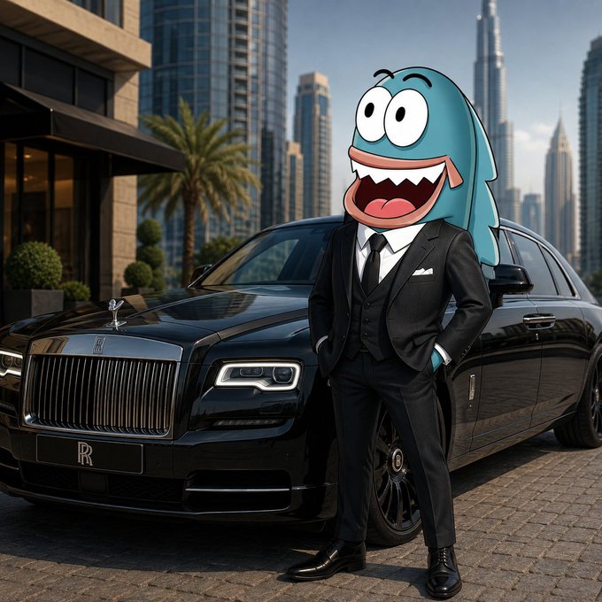 A cartoon fish-headed figure in a black suit stands next to a black Rolls-Royce in front of a city skyline, possibly Dubai given the tall skyscrapers.