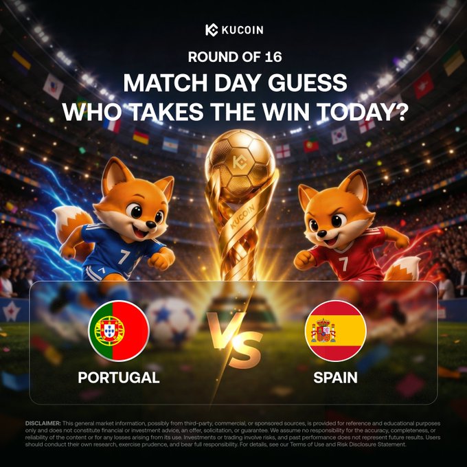 A KuCoin "Round of 16 Match Day Guess" promotional graphic featuring two fox mascots flanking a gold trophy, with the Portugal flag facing off against the Spain flag to promote the $10,000 airdrop tied to the KuCoin Crypto Cup.