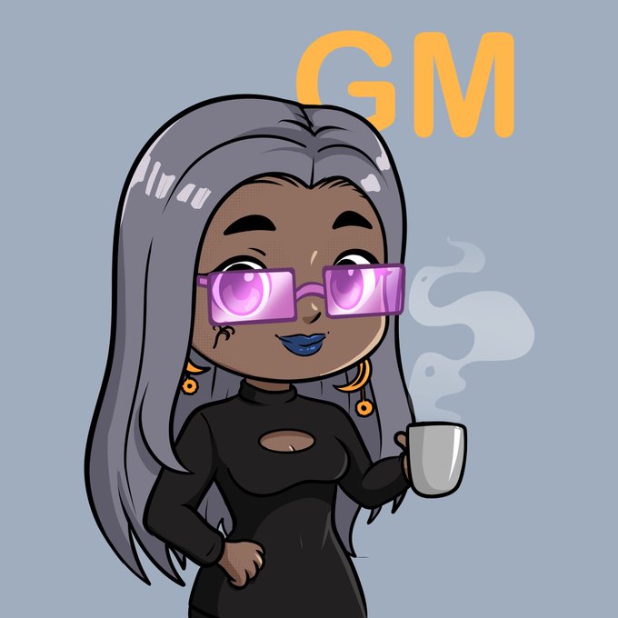 A cartoon avatar of a stylish woman with long silver hair, purple sunglasses, and a black top holds a steaming cup of coffee against a gray background featuring "GM" in yellow letters—representing a "Good Morning" NFT profile picture that pairs with the cheerful Wednesday greeting for fellow NFT believers.
