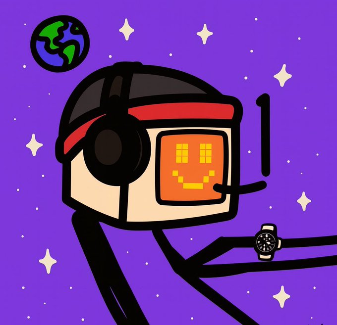 A cartoon illustration of a retro computer/TV character wearing headphones and a backwards cap, with a digital smiley face on its screen, set against a purple space background with stars and Earth.