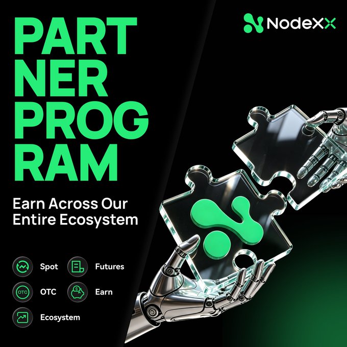 A promotional graphic for NodeXX displays 'PARTNER PROGRAM' and 'Earn Across Our Entire Ecosystem,' highlighting features like Spot, Futures, OTC, and Earn alongside robotic hands holding puzzle pieces with the NodeXX logo.