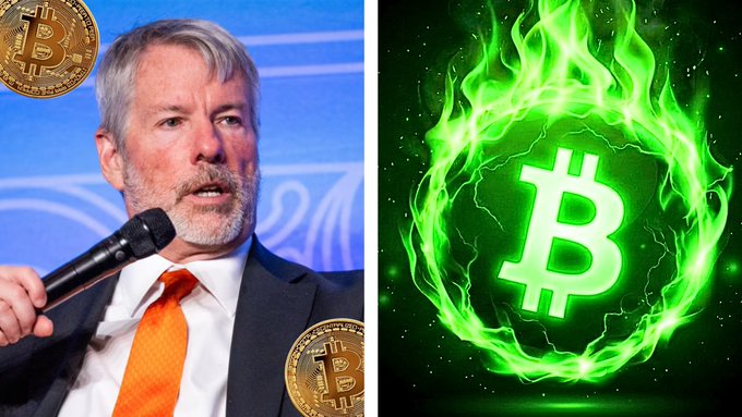 A split image showing a man in a suit with an orange tie speaking into a microphone alongside Bitcoin coins on the left, and a glowing green Bitcoin logo surrounded by flames on the right.