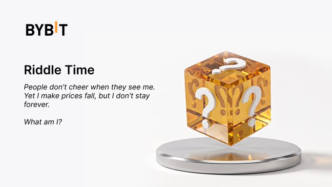 An image featuring the "BYBIT" logo and a riddle titled "Riddle Time" asking "What am I?" alongside a 3D-rendered amber-colored cube covered in question marks on a silver platform. The riddle reads: "People don't cheer when they see me. Yet I make prices fall, but I don't stay forever."