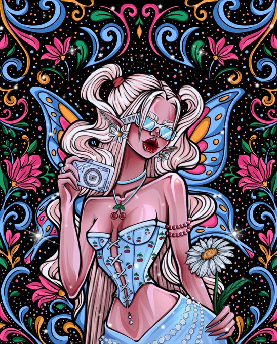 A colorful illustration features a fairy-like woman with butterfly wings, sunglasses, and a cherry-patterned corset holding a daisy, set against a vibrant, patterned background.
