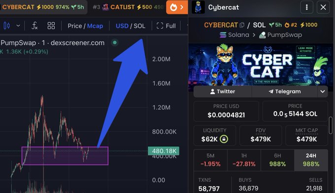 A screenshot of DEX Screener showing the CYBERCAT token chart on the left with a blue arrow pointing to a low accumulation level around 480.18K, paired with the Cybercat token info panel on the right displaying a price of $0.0004821, market cap of $479K, and 988% gains over 6H and 24H.