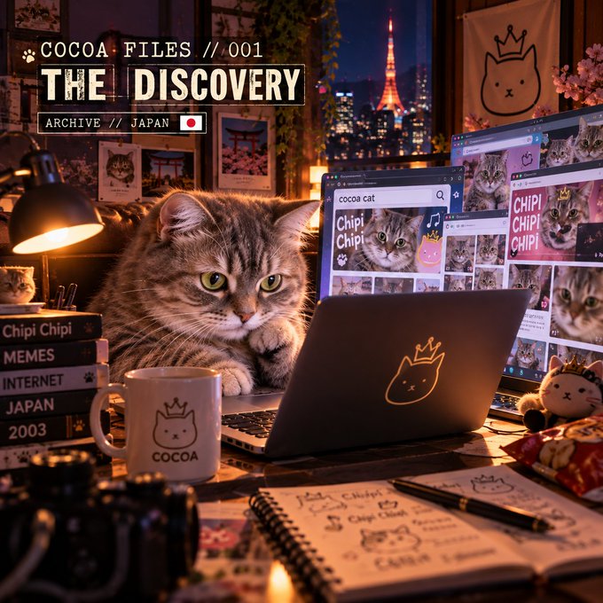 A tabby cat sits at a desk in front of a laptop, browsing images of itself on a computer monitor with text reading 'COCOA FILES // 001 THE DISCOVERY ARCHIVE // JAPAN' displayed in the corner.