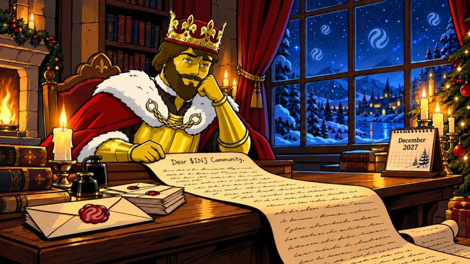 An illustration of a king wearing a crown and red cape, writing on a scroll at a desk by a window with a snowy castle view; a calendar reads 'December 2027'.