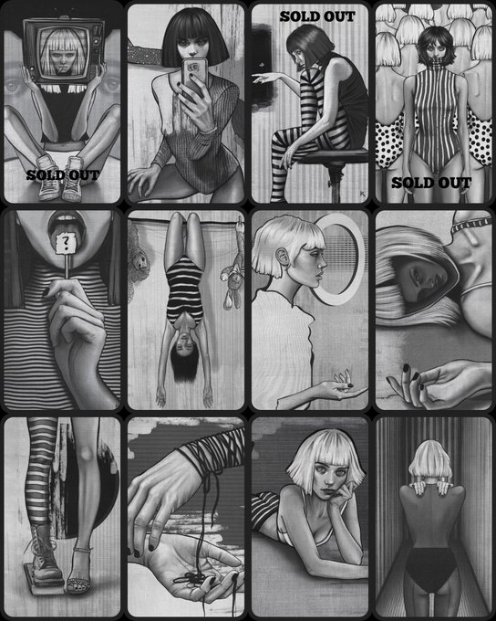 The image consists of nine different pictures, each depicting a woman with various hairstyles and outfits. The images are arranged in a grid format, showcasing the diversity of styles and expressions. The caption at the bottom of the image reads "GM beautiful creators Happy #tezostuesday Quilt of Disintegration of Identity". This post is about selling out, as it highlights the collection of images that have been sold to the creator.