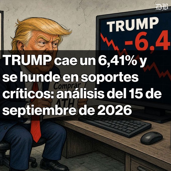 A cartoon illustration of Donald Trump in a suit sitting at a desk in front of a monitor showing a downward chart with 'TRUMP -6.4', overlaid with Spanish text reading 'TRUMP cae un 6,41% y se hunde en soportes críticos: análisis del 15 de septiembre de 2026'.