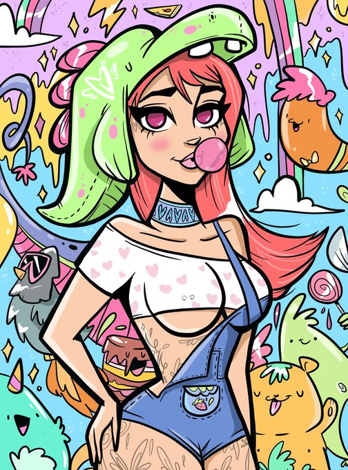 A colorful cartoon illustration of a red-haired anime-style girl wearing a green dinosaur hat and overalls, blowing a bubblegum bubble surrounded by cute creatures and sweets.