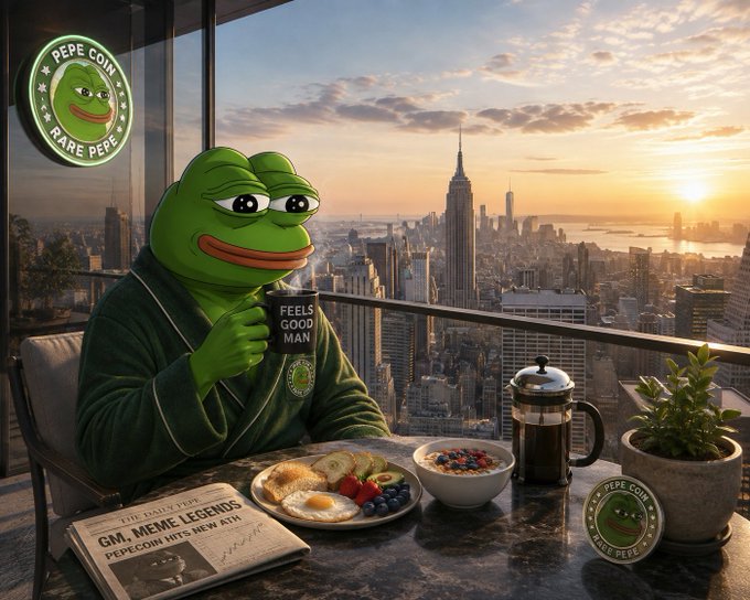 Pepe the Frog sits at a high-rise table overlooking New York City at sunset, holding a mug reading "FEELS GOOD MAN"; the scene features a breakfast plate, a newspaper titled "GM, MEME LEGENDS," and "PEPE COIN / RARE PEPE" logos.