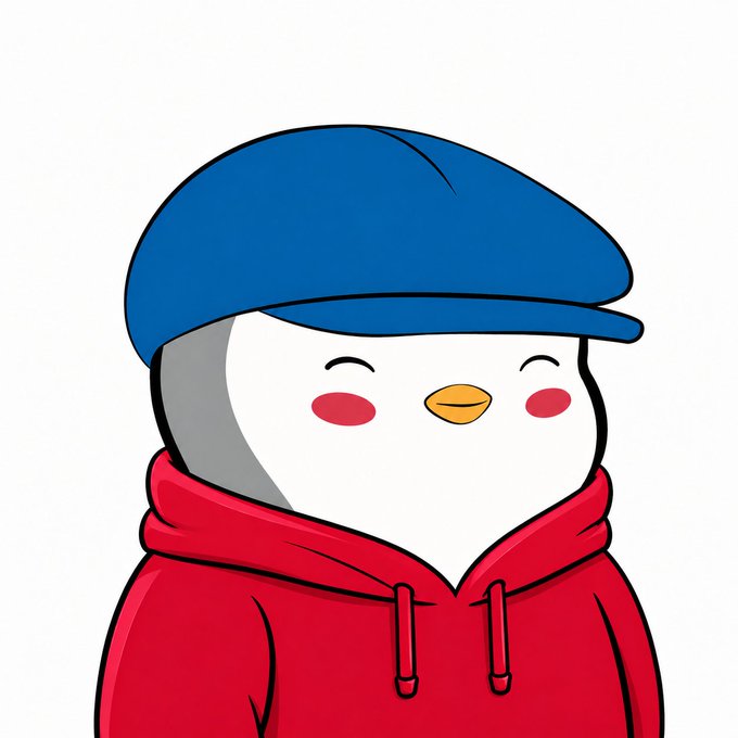 A simple cartoon illustration of a cute penguin-like bird character wearing a blue cap and a red hoodie, smiling with pink cheek blush.