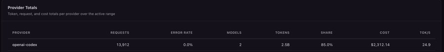 A "Provider Totals" dashboard shows usage statistics for "openai-codex" with 13,912 requests, 0.0% error rate, 2 models used, 2.5B tokens, 85.0% share, $2,312.14 cost, and 24.9 tokens/second—corroborating the user's claim of burning through 2.5B tokens in a single day of heavy GPT-5 Codex Max usage.
