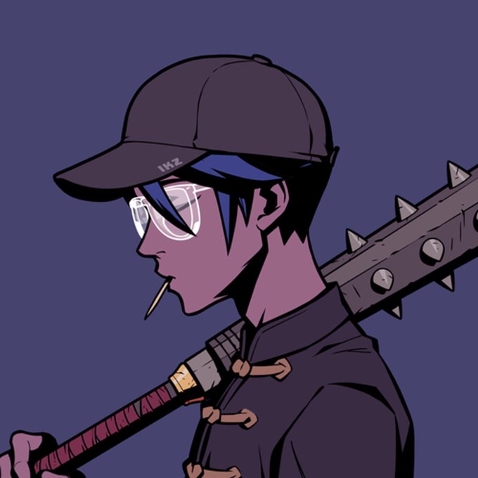 An anime-style illustration of a character with blue hair, wearing a black cap with '1kz', white-rimmed glasses, and a spiked bat over their shoulder, holding a toothpick in their mouth.