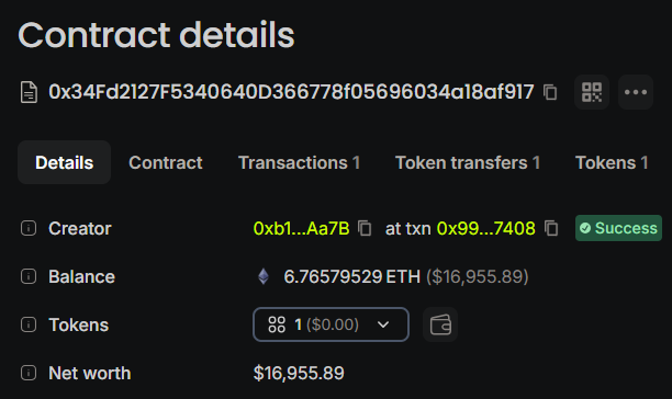 Ethereum blockchain contract details showing address 0x34Fd2127F5340640D366778f05696034a18af917 with a balance of 6.76579529 ETH ($16,955.89).