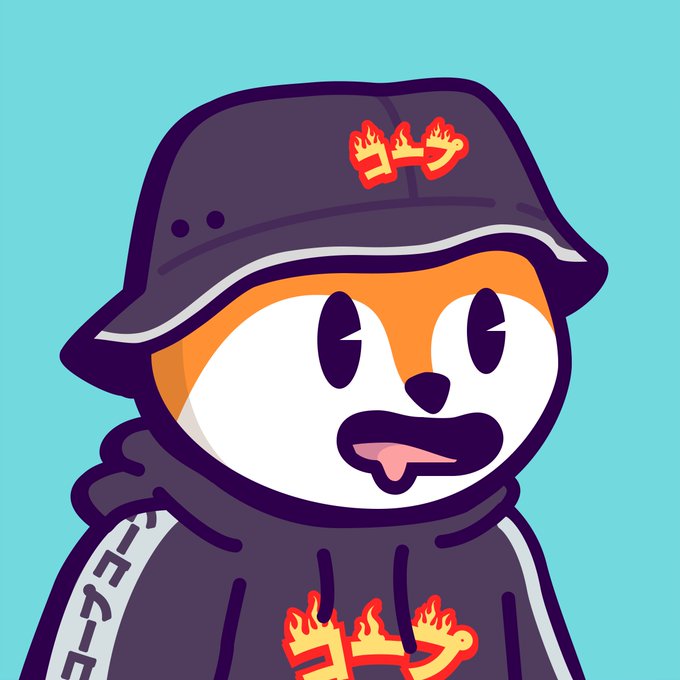 Cartoon mascot character wearing a black bucket hat and hoodie with Japanese katakana 'ゴーフ' (gofu) text and flames in red and orange.