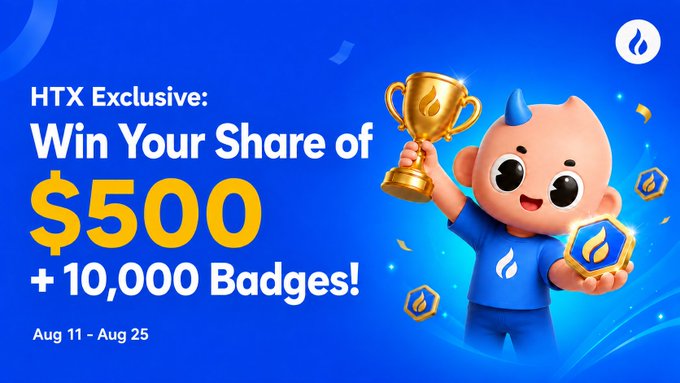 A promotional banner for HTX's exclusive giveaway offering users a chance to win a share of $500 plus 10,000 Badges, running from Aug 11-25. The image features a cheerful blue mascot holding a golden trophy, visually reinforcing the contest's reward theme with matching details to the accompanying post about new user tasks and prizes.