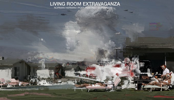 An artwork titled "LIVING ROOM EXTRAVANZA NORMAN HARMANT | POST-PAINTING | SUPERHARE" features a chaotic, painterly scene depicting a backyard pool area, figures, and lounge chairs.